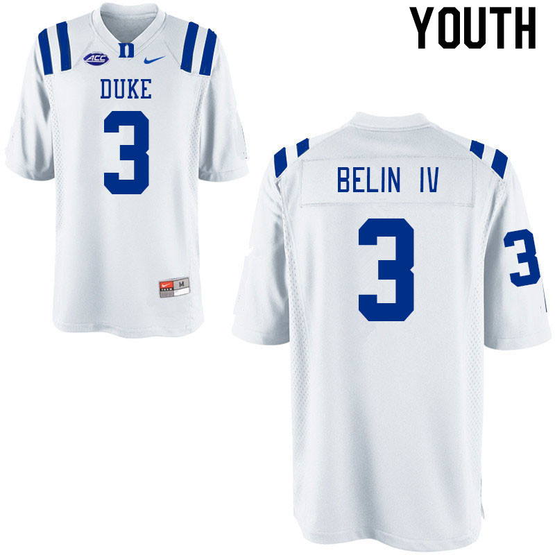 Youth #3 Henry Belin IV Duke Blue Devils College Football Jerseys Stitched-White - Click Image to Close